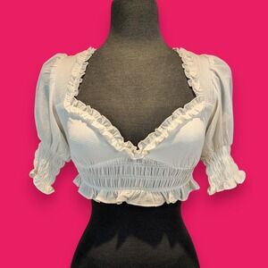 White Smocked Cropped Baby Doll Halter Top Coquette Milkmaid Puff Sleeves